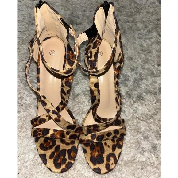 Leopard Print Strappy Stiletto Heels Ankle Strap Sandal Brown Black Size 10 - Picture 6 of 9